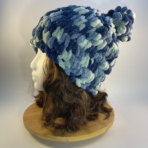 Handmade Women’s/Junior’s Winter Hat With Loopy Pom-Pom - Variegated Blue - Picture 5 of 9